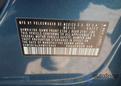 2017 Volkswagen Jetta 1.4T S z USA, uszkodzony, nr VIN 3VW2B7AJ9HM375944